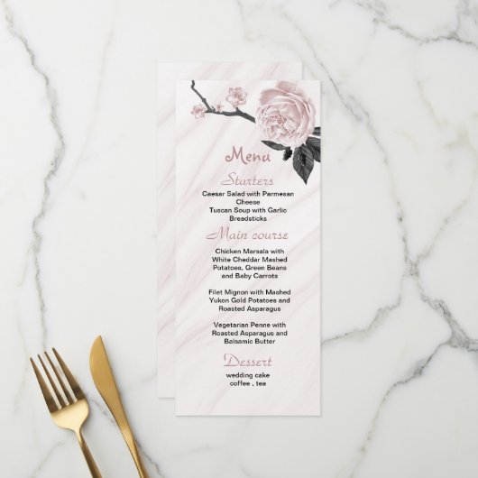 roze en zwart bloemenmarmeren bruiloft menu (Voorkant / Achterkant in situ)