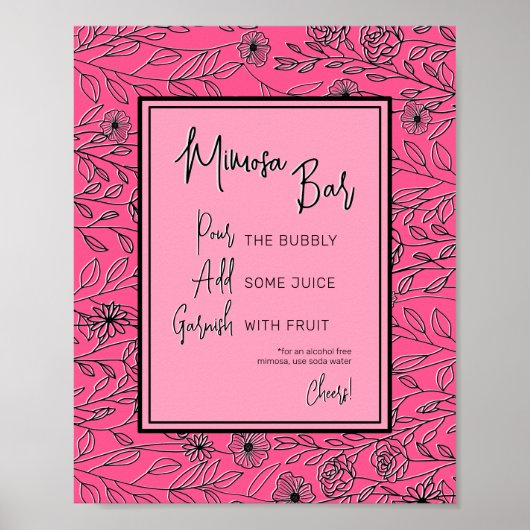 Roze en zwart bloemenvrijgezellenfeest Mimosa Bar Poster (Voorkant)