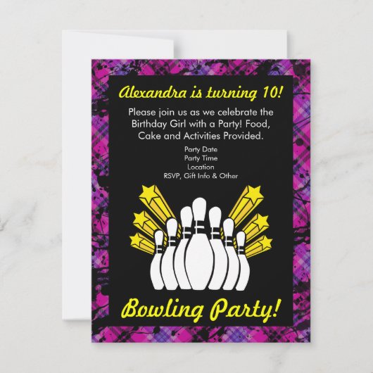 Roze en Zwart Bowling Verjaardagsfeestuitnodiging Kaart (Voorkant)