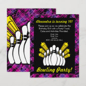 Roze en Zwart Bowling Verjaardagsfeestuitnodiging Kaart (Voorkant / Achterkant)