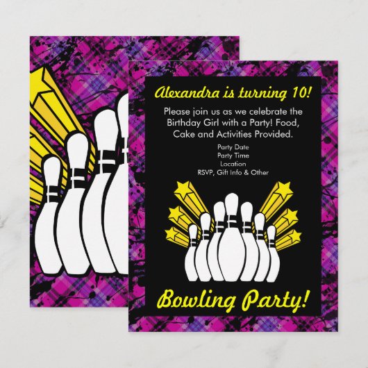 Roze en Zwart Bowling Verjaardagsfeestuitnodiging Kaart (Voorkant / Achterkant)