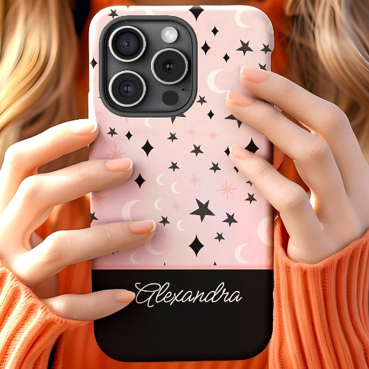 Roze en Zwart Celestial Moon Stars Script Name Case-Mate iPhone Case