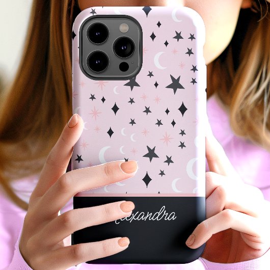 Roze en Zwart Celestial Moon Stars Script Name Case-Mate iPhone Case