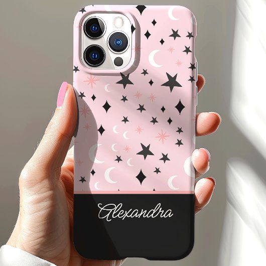 Roze en Zwart Celestial Moon Stars Script Name Case-Mate iPhone Case