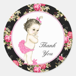 Roze en Zwart Chintz Roos Baby shower Ronde Sticker