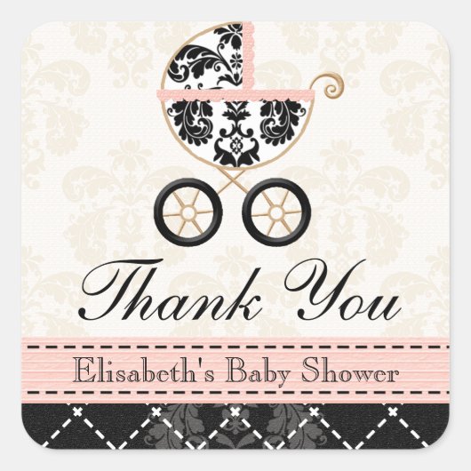Roze en Zwart Damask Baby Carriage Bedankt Vierkante Sticker (Voorkant)