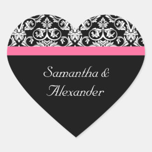 Roze en Zwart Damask Heart Damask Sticker Seal