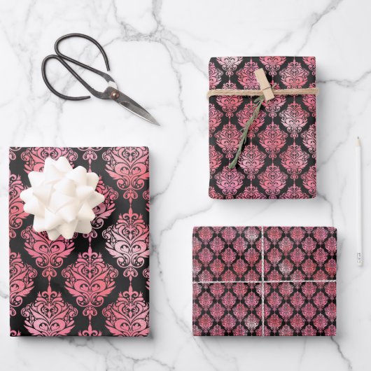 Roze en zwart Damask Patroon Inpakpapier Vel (Voorkant)
