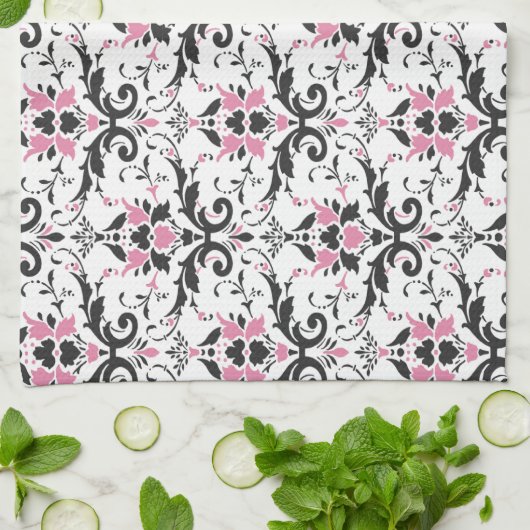 Roze en zwart Damask Patroon Theedoek (Gevouwen)