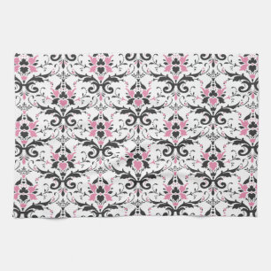 Roze en zwart Damask Patroon Theedoek