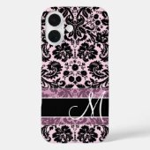 Roze en zwart Damaspatroon met monogram Case-Mate iPhone Case (Achterkant)