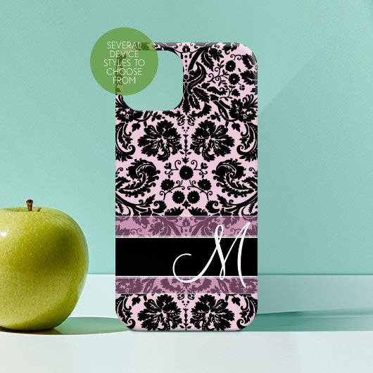 Roze en zwart Damaspatroon met monogram Case-Mate iPhone Case