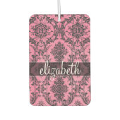 Roze en zwart  Damaspatroon met monogram Luchtverfrisser (Voorkant)