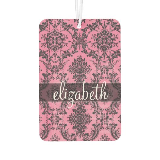 Roze en zwart Damaspatroon met monogram Luchtverfrisser (Achterkant)