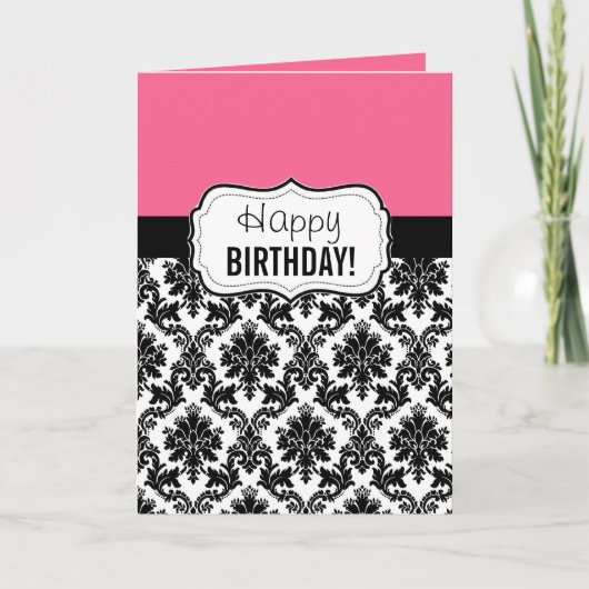 Roze en Zwart Damast, Verjaardag Kaart (Voorkant)
