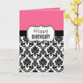 Roze en Zwart Damast, Verjaardag Kaart (Gele Bloem)