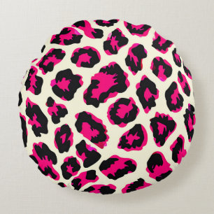 Roze en Zwart Dier Luipaard Print Rond Kussen