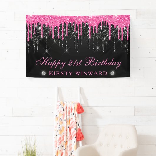 Roze en Zwart Dripping Glitter 21e Verjaardag Spandoek (Insitu)