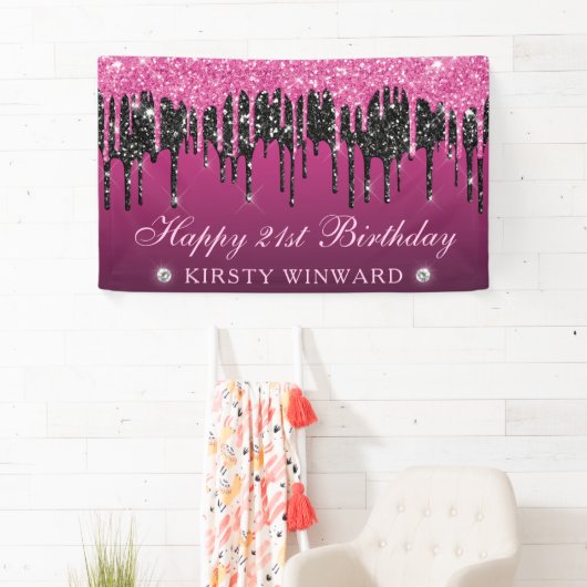 Roze en Zwart Dripping Glitter 21e Verjaardag Spandoek (Insitu)