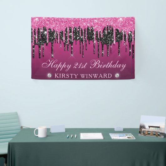 Roze en Zwart Dripping Glitter 21e Verjaardag Spandoek (Beurs)