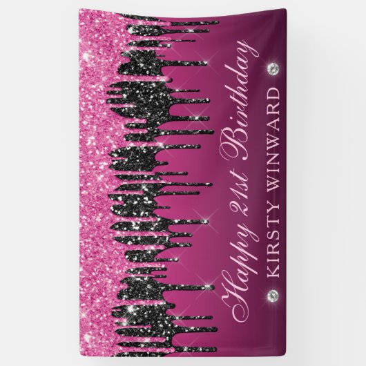 Roze en Zwart Dripping Glitter 21e Verjaardag Spandoek (Verticaal)