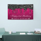 Roze en Zwart Dripping Glitter 21e Verjaardag Spandoek (Beurs)