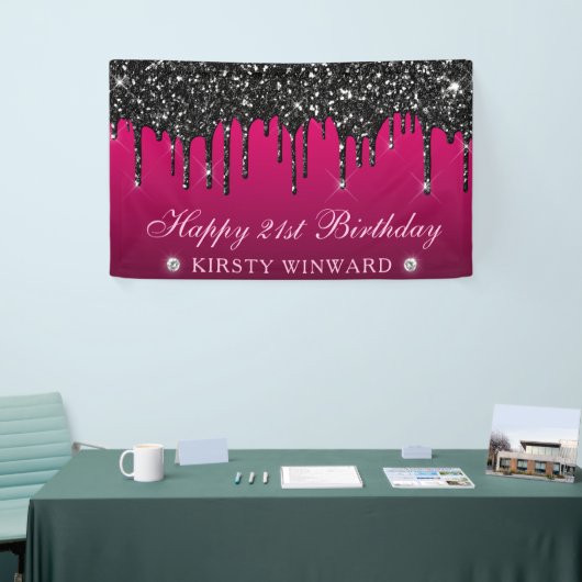 Roze en Zwart Dripping Glitter 21e Verjaardag Spandoek (Beurs)