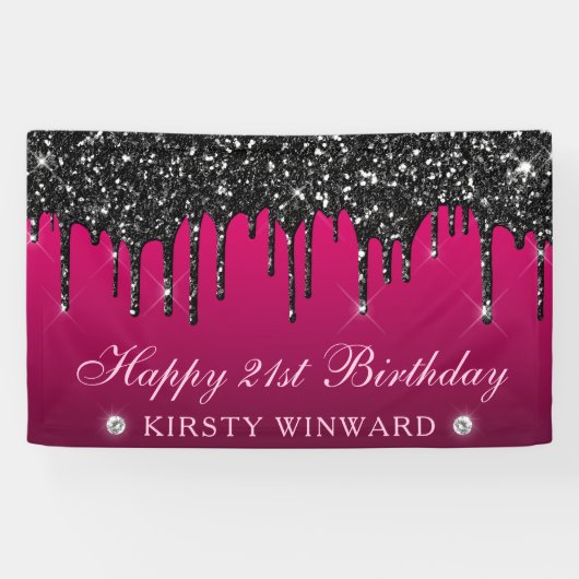 Roze en Zwart Dripping Glitter 21e Verjaardag Spandoek (Horizontaal)