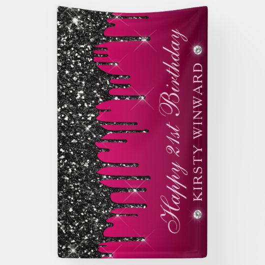 Roze en Zwart Dripping Glitter 21e Verjaardag Spandoek (Verticaal)