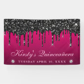 Roze en Zwart Dripping Glitter Quinceanera Spandoek (Horizontaal)