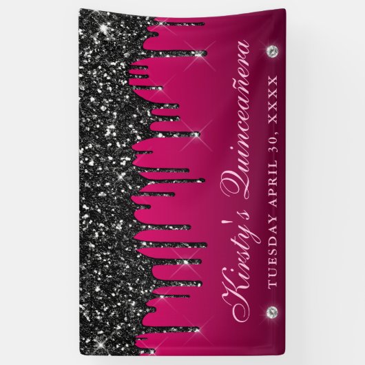 Roze en Zwart Dripping Glitter Quinceanera Spandoek (Verticaal)