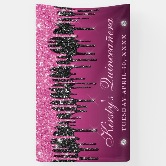 Roze en Zwart Dripping Glitter Quinceanera Spandoek (Verticaal)