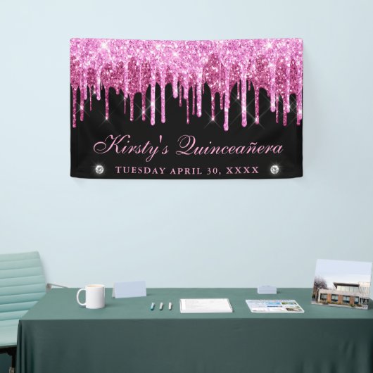 Roze en Zwart Dripping Glitter Quinceanera Spandoek (Beurs)