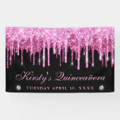 Roze en Zwart Dripping Glitter Quinceanera Spandoek (Horizontaal)