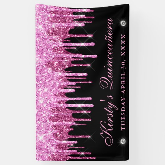 Roze en Zwart Dripping Glitter Quinceanera Spandoek (Verticaal)