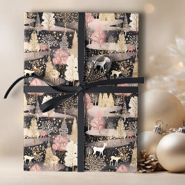 Roze en zwart Elegant Snowy Deer Forest Cadeaupapier