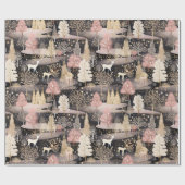 Roze en zwart Elegant Snowy Deer Forest Cadeaupapier (Vlak)