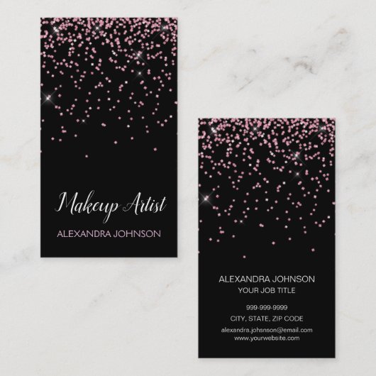 Roze en zwart Elegante Glitter Make-up Artist Visitekaartje (Voorkant / Achterkant)