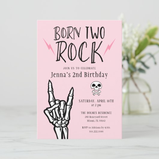 Roze en Zwart Geboren Twee Rock 2e Verjaardagsfees Kaart (Staand voorkant)