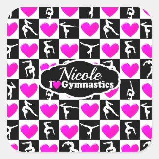 ROZE EN ZWART GEPERSONALISEERD GYMNAST ONTWERP VIERKANTE STICKER