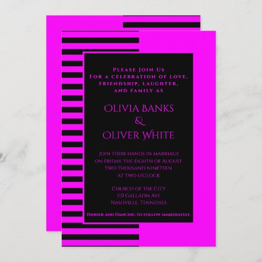 Roze en zwart gestreken trouwuitnodiging (Voorkant / Achterkant)