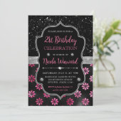 Roze en Zwart Glitter Bloemen 21e Verjaardag Kaart (Staand voorkant)