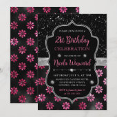 Roze en Zwart Glitter Bloemen 21e Verjaardag Kaart (Voorkant / Achterkant)