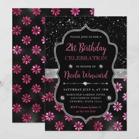 Roze en Zwart Glitter Bloemen 21e Verjaardag Kaart (Voorkant / Achterkant)
