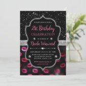 Roze en Zwart Glitter Lips 21e Verjaardag Kaart (Staand voorkant)