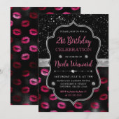 Roze en Zwart Glitter Lips 21e Verjaardag Kaart (Voorkant / Achterkant)