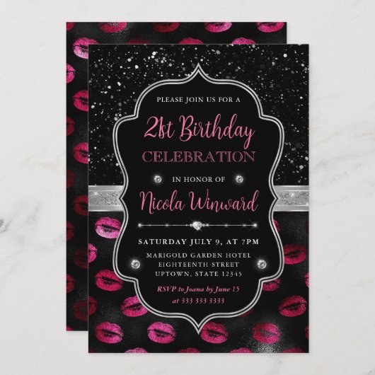 Roze en Zwart Glitter Lips 21e Verjaardag Kaart (Voorkant / Achterkant)