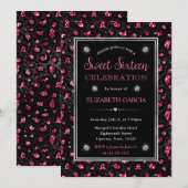 Roze en Zwart Glitter Luipaard Vlekken Zoet Zestie Kaart (Voorkant / Achterkant)