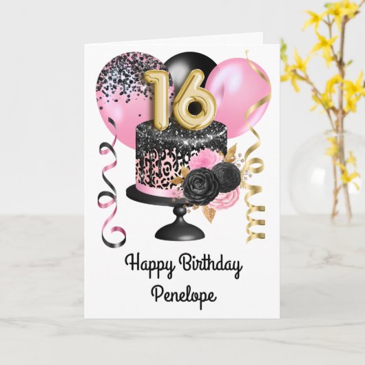Roze en Zwart Goud 16e Verjaardag Kaart (Gele Bloem)
