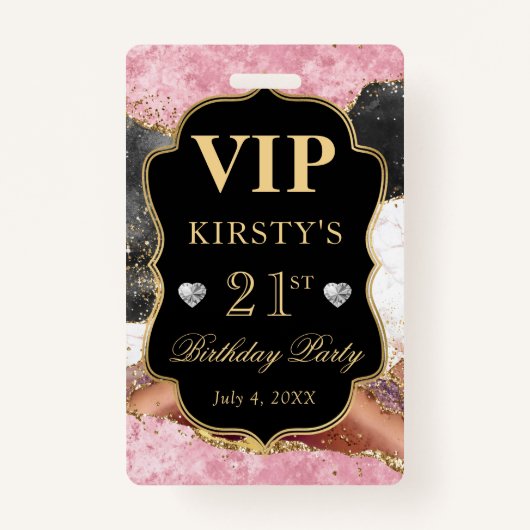 Roze en Zwart Gouden Glitter Agaat Verjaardag VIP Badge (Voorkant)